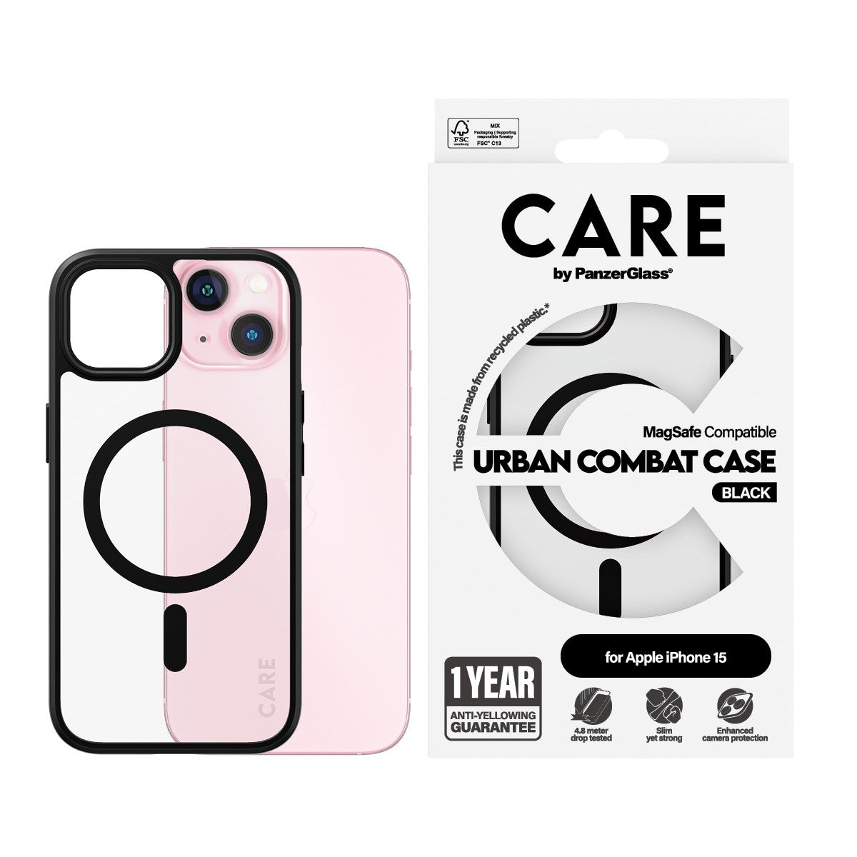 CARE by PanzerGlass® Urban Combat Case Transparent w. Black MagSafe iPhone 15